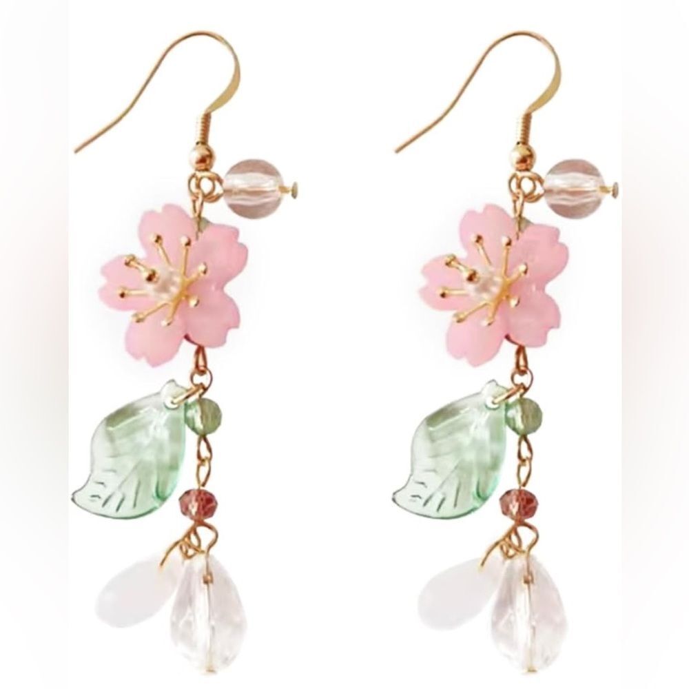 Chic Pink and Green Floral Dangle Earrings